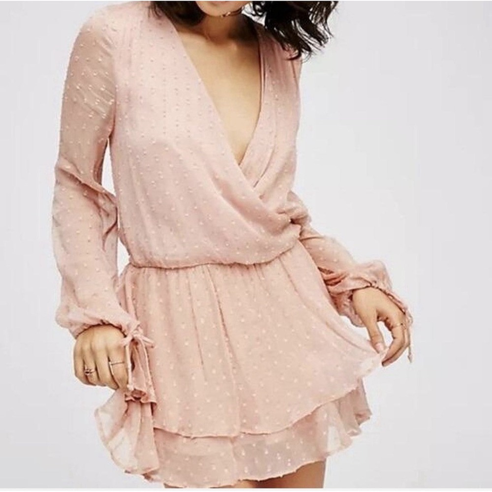 Free People Dahlia Drop Waist Mini Dress Peach‎ Pink Medium